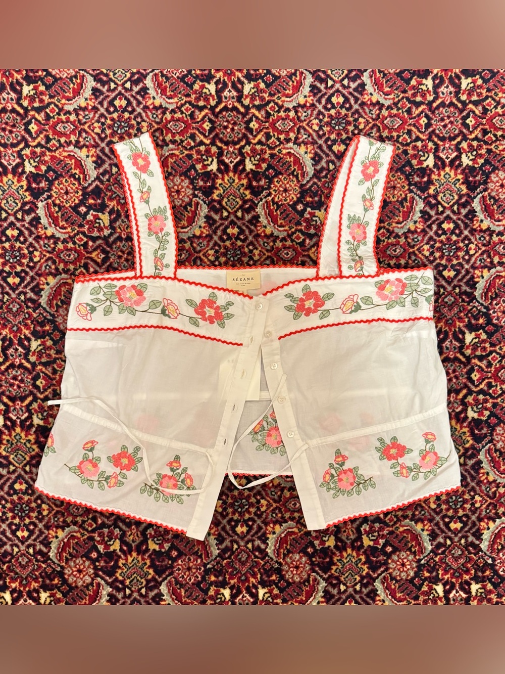 Sezane Nouri Top Pink Green Embroidery Ecru Background - Size 12
